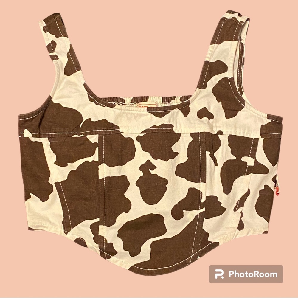 NWT•Lone-star Women’s Brown/cream Cow Print crop top sz L